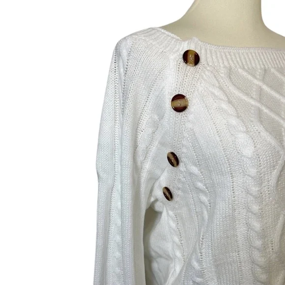White Wide Neck Knit Pullover Sweater with Button Detail - Picture 14 of 16